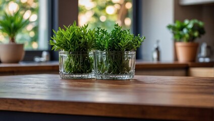 Natural Charm, Wooden Tabletop Featuring Green Plants Against Blurred Kitchen Counter Background