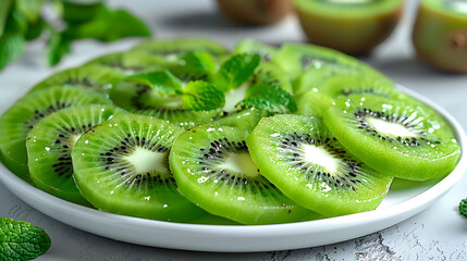 green kiwi fruit in a white bowl on a transparent background, accompanied by a green leaf