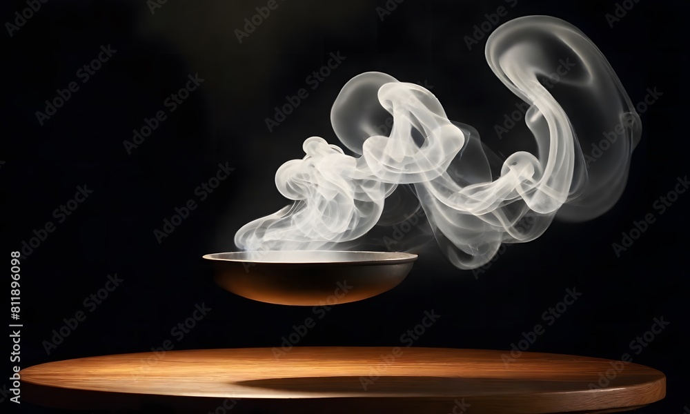 Poster empty wooden table with smoke floating up on a dark background empty space for displaying your produ