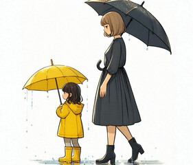 雨傘をさす母と娘
