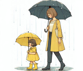 雨傘をさす母と娘
