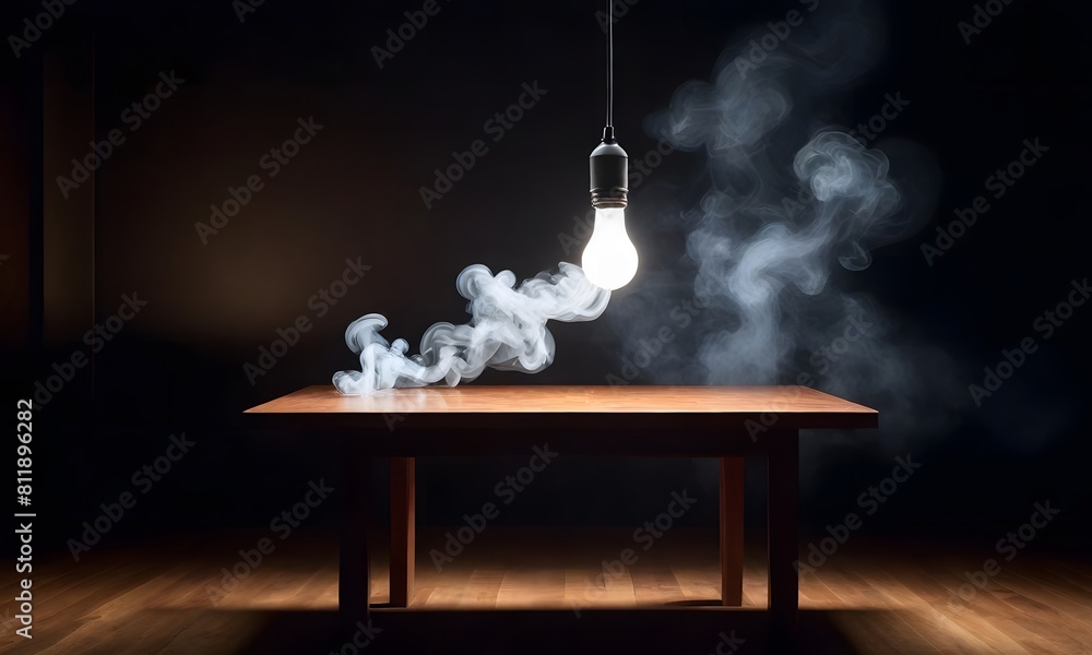 Poster empty wooden table with smoke floating up on a dark background empty space for displaying your produ