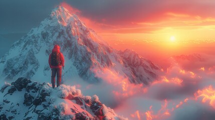 A hiker stands on a ridge at sunrise
