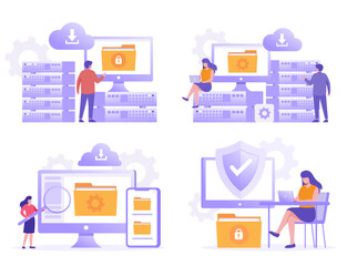 Database and personal data security, cyber data security, privacy, technology, flat design concept illustration template for website