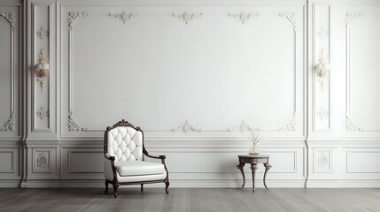 ornate white paneled room with tufted white chair and side table
