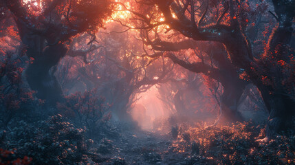 Glowing trees, mystical fog, mythical creatures in an enchanting forest.