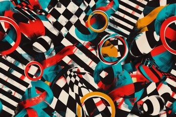 Chaos in Geometry: Red, Teal, and Black Abstract