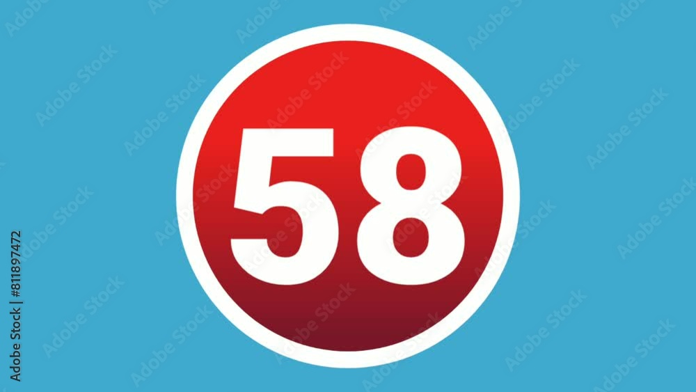 Poster pop up number 58 sign symbol 2d animation motion graphics icon on red sphere on blue background,cart
