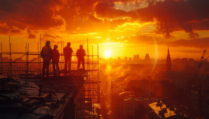 City Sunset Beauty: Workers on Scaffolding in an Epic Movie Still