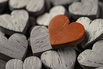 Naklejka premium Composition of Grey Wooden Hearts with Central Red Heart, Symbolizing Love