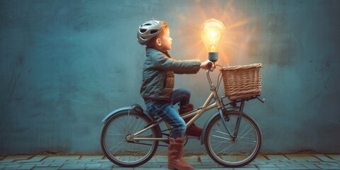 Energetic elementary student inventing light bulb and bicycle at house. Attractive curious child and boy looking at bulb while thinking about creative idea with blurring background. Science. AIG42.