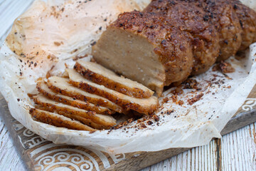 Plant based meat alternative- seitan made of vital wheat gluten.  Seasoned, air fried.