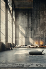 Sleek metallic surfaces and sparse geometric furniture create a modern and minimalist warehouse.