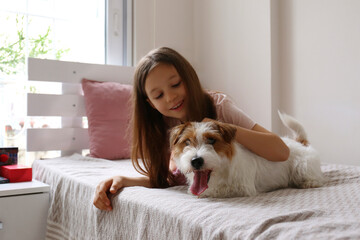 Portrait of 6 year old girl playing with wire haired jack russell terrier puppy at home. Close up, copy space, background.