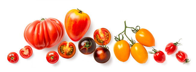 group of tomatoes, different varieties of various sizes, shapes and colors, arranged as a header, footer, or banner element, isolated over a transparent background, food, cooking or gardening element