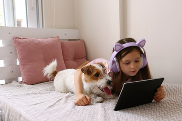 Little girl in children's headphones with cat ears and her adorable furry jack russell terrier looking at the screen of a tablet. Close up, copy space, background.