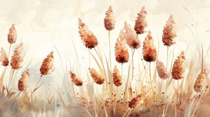 In Cattail Blooms wallpaper, slender stems bear cylindrical spikes of brown flowers, imbuing the space with wetland allure. 
