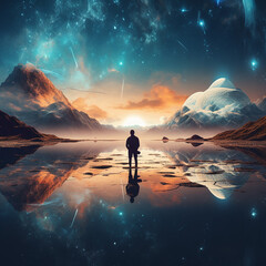 Wondrous image of spaceman travel through stargate with scifi landscape