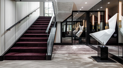 Modern mansion foyer with rich burgundy carpeted stairs flanked by a high-gloss black railing and a mirrored wall A striking sculptural light installation creates a dramatic entrance