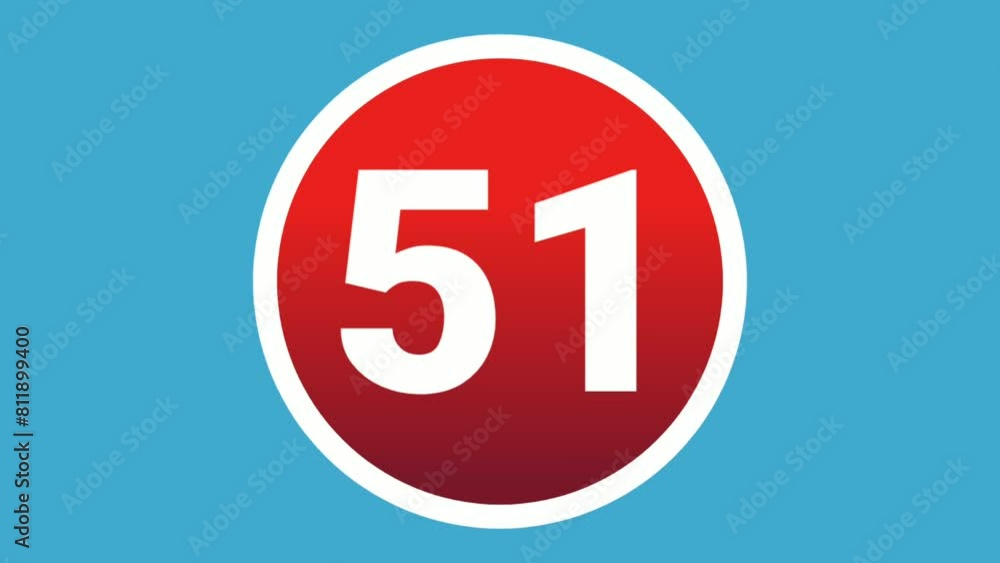 Poster pop up number 51 sign symbol 2d animation motion graphics icon on red sphere on blue background,cart