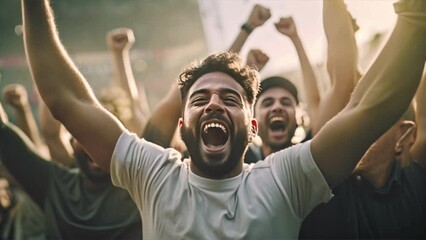 football player scoring a game-winning goal, his arms raised in triumph as he celebrates - Powered by Adobe