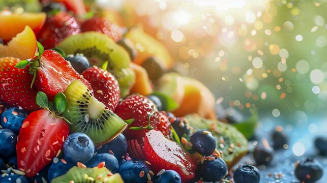 A pile of fruit with berries and blueberries.