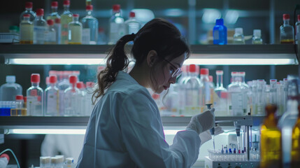 A young female scientist intently analyzing test samples in a laboratory filled with various scientific equipment.