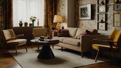 Beige home living room interior with eating table and relax zone, vintage-inspired decor with retro furniture pieces