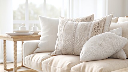 Close up of beige and white linen cushions on a sofa in a modern home interior with a wooden side table near a window.
