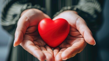A woman s hands cradle a red heart signifying blood donation embodying the essence of World Blood Donor Day Ample space is available for advertisers to convey their message