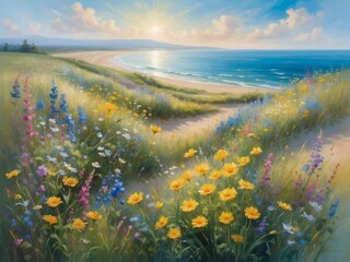 Nature's Symphony, Impressionistic Summer Scene with Sky, Sea, and Beach Wildflowers