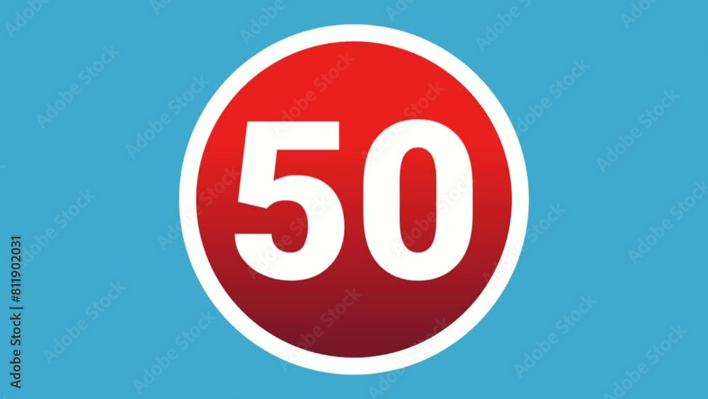 Poster pop up number 50 sign symbol 2d animation motion graphics icon on red sphere on blue background,cart