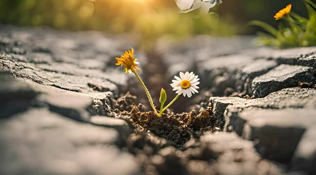 G&auml;nsebl&uuml;mchenblume w&auml;chst aus einem Riss im Boden