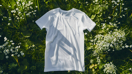 white tshirt laying flat on the thick grass and little flowers background