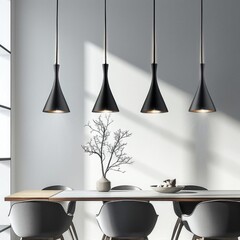 Black metal pendant lights with a unique design. Perfect for a modern dining room or kitchen.
