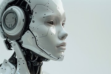 Female AI robot face, high-tech, futuristic intelligence concept, detailed view