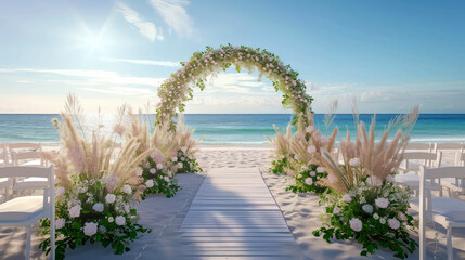 Beautiful arch with flowers on a bright day at the beach