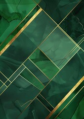 Craft a visually striking vector template with a luxurious abstract geometric design in green and prominent golden lines