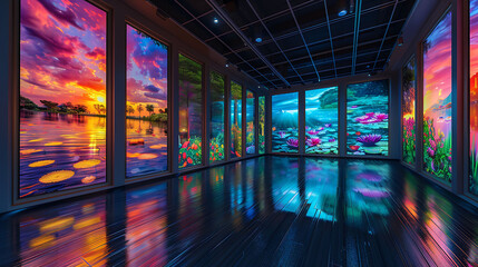 Illuminated digital gallery showcasing diverse nature scenes