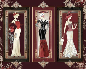 Trio of art deco frames on a classic burgundy background each featuring stylized vintage fashion illustrations