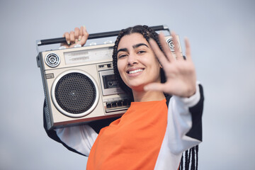 Woman, hip hop and outdoor portrait with radio for freedom with streetwear fashion, playlist and...