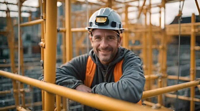 Ger&uuml;stbauer steht auf Bauger&uuml;st und l&auml;chelt in die Kamera