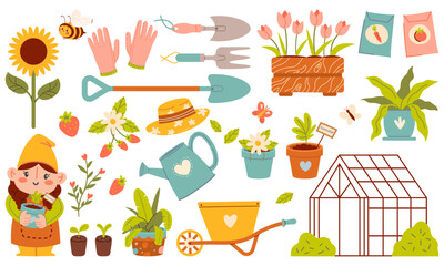 Set of garden tools. Vector isolated cute spring garden elements clay pots, flowers, seeds, gardeners tool. Agricultural and garden tools for spring work. Vector isolated on white