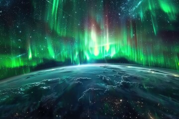 image of magnetic storm on earth, after solar flare, northern lights over the earth