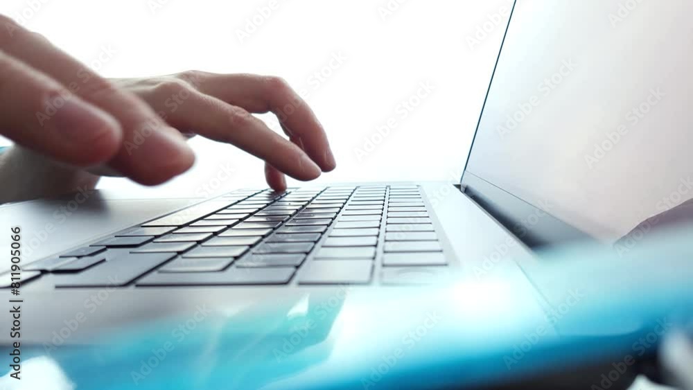 Aufkleber view of man's hands typing close up. selective focus slow motion 4k uhd video.