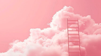 A step ladder with fluffy clouds pastel pink background . Growth, business success, development concept. Minimal creative composition.