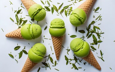 Matcha green tea ice cream isolated clean white background