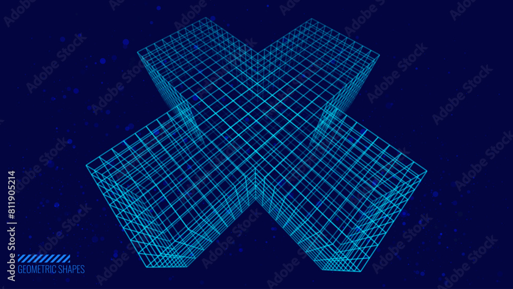 Poster Abstract Cyber 3D X Sign. 3D Wireframe Grid Mesh Consisting of Points and Lines. Digital Technology Background. Vector Illustration.