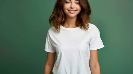 Fototapeta premium Young woman wearing bella canvas white shirt mockup, at green background. Design tshirt template, print presentation mock-up.