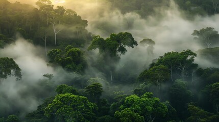  A dense fog rolling over a tranquil forest, shrouding the trees in an ethereal mist, with the faint glow of sunrise breaking through the canopy above.  - Powered by Adobe